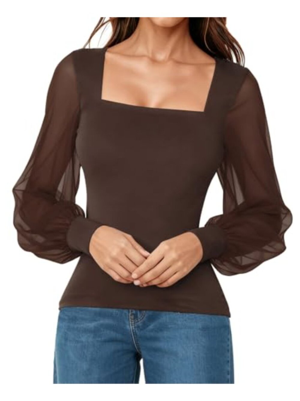 Square Neck Mesh Long Sleeve Top Double Lined Puff Sleeve Blouse